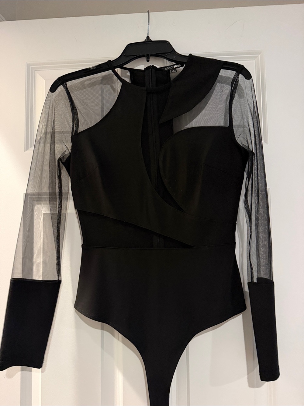 Fashion Nova Black Mesh Sleeve Asymmetric Bodysuit